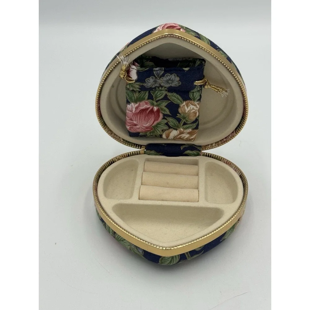 Vintage Navy Floral Heart Cloth Hinged Jewelry Box With Removable Pouch